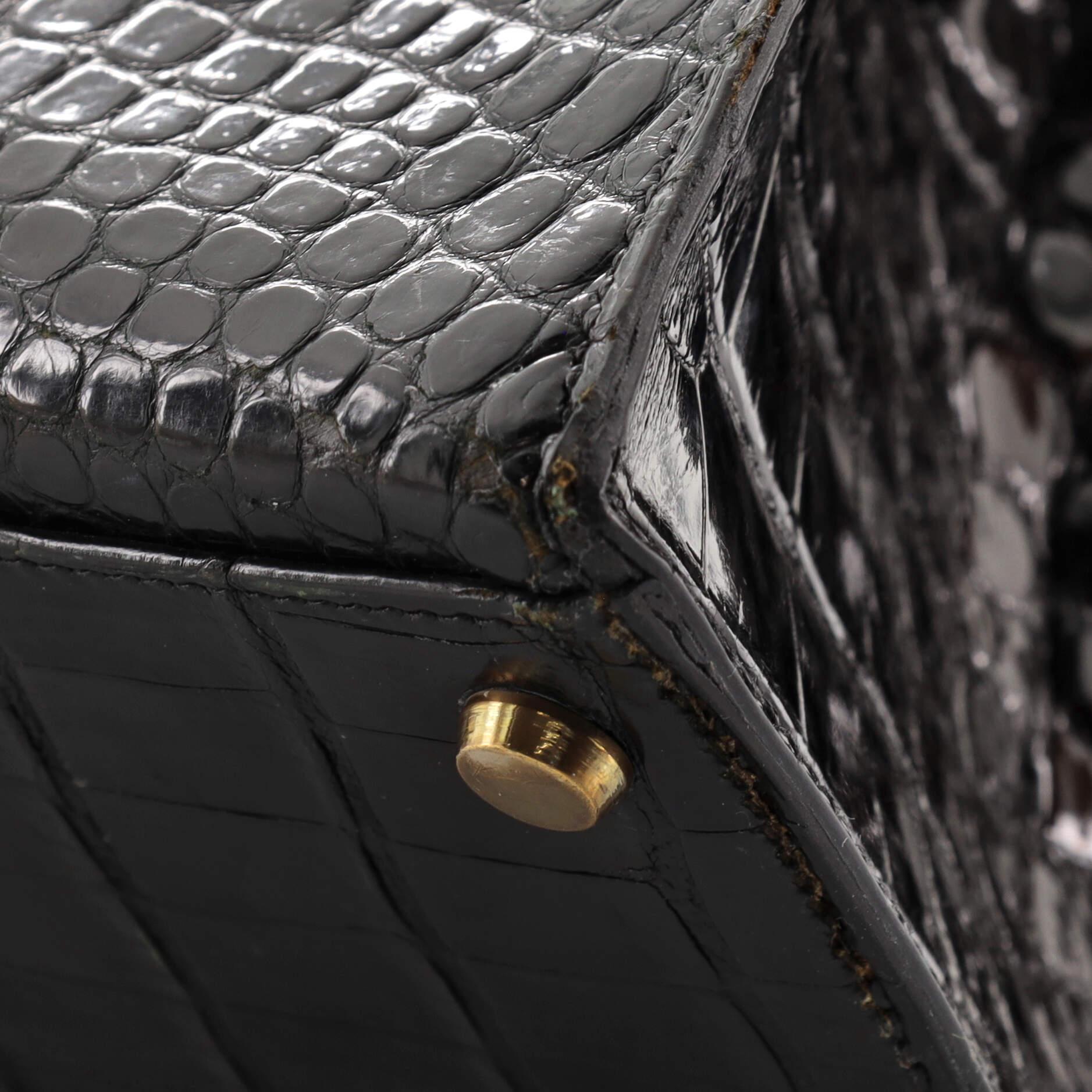 Hermes Kelly Handbag Noir Shiny Porosus Crocodile with Gold Hardware 32 7