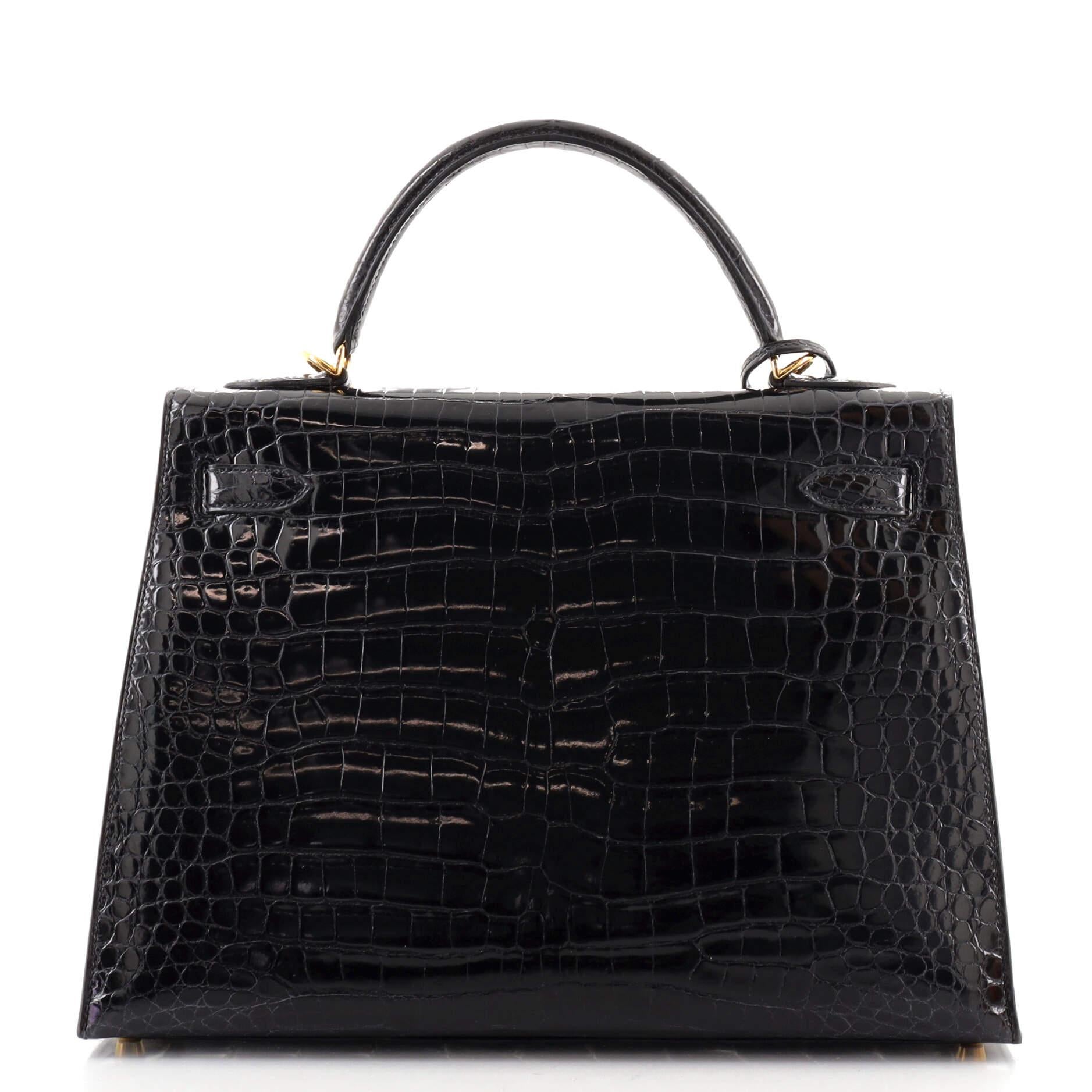 Black Hermes Kelly Handbag Noir Shiny Porosus Crocodile with Gold Hardware 32