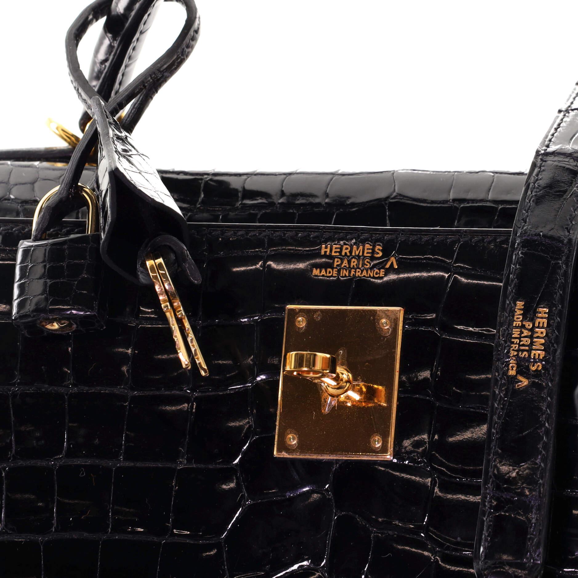 Hermes Kelly Handbag Noir Shiny Porosus Crocodile with Gold Hardware 32 1