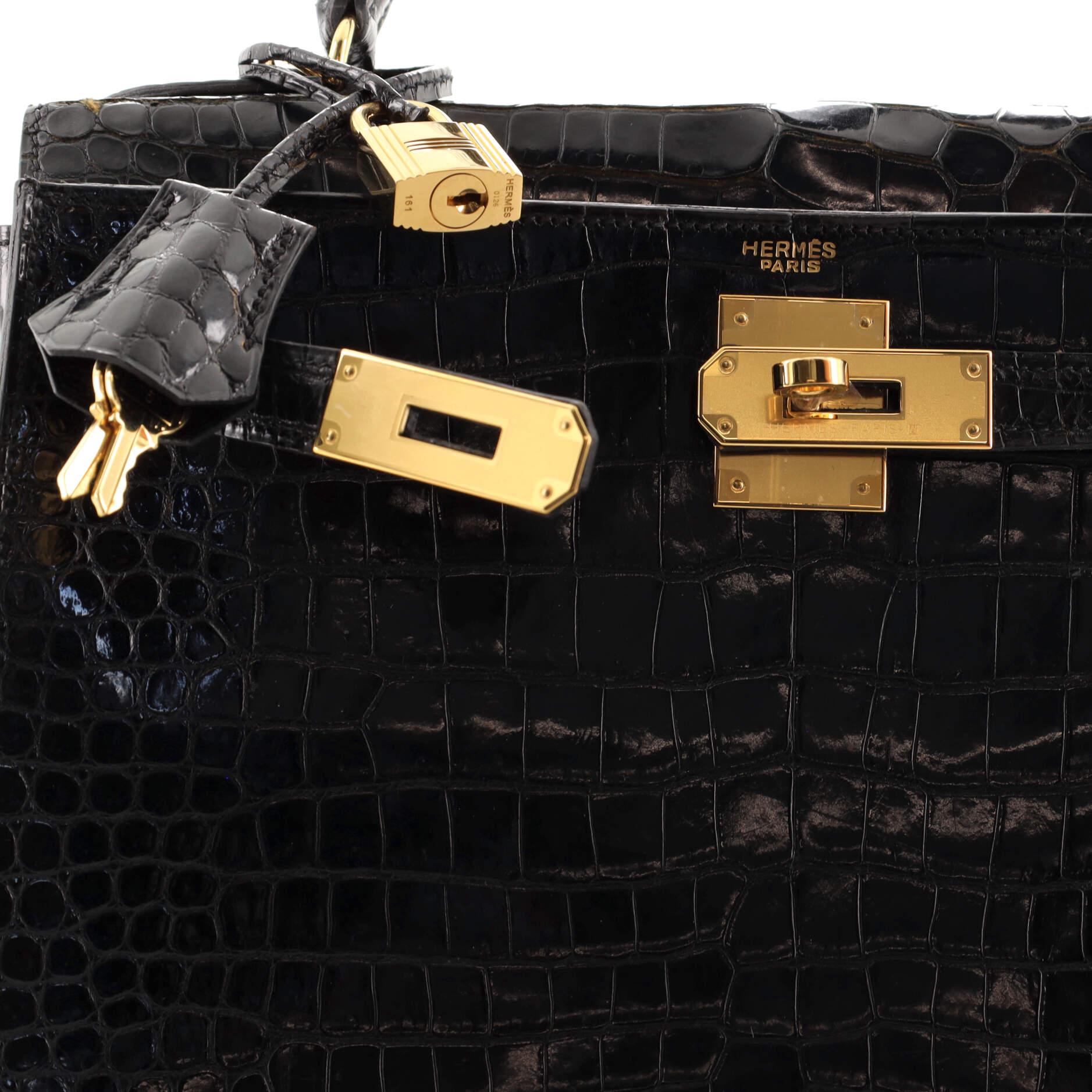 Hermes Kelly Handbag Noir Shiny Porosus Crocodile with Gold Hardware 32 3