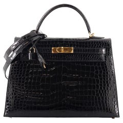 Hermes Kelly Handbag Noir Shiny Porosus Crocodile with Gold Hardware 32