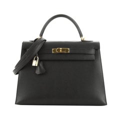 Hermes Kelly Handbag Noir Vache Liegee with Gold Hardware 32