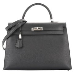 Hermes Kelly Handbag Noir Vache Liegee with Palladium Hardware 35