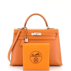 Hermes Kelly Handbag Orange H Box Calf with Palladium Hardware 32