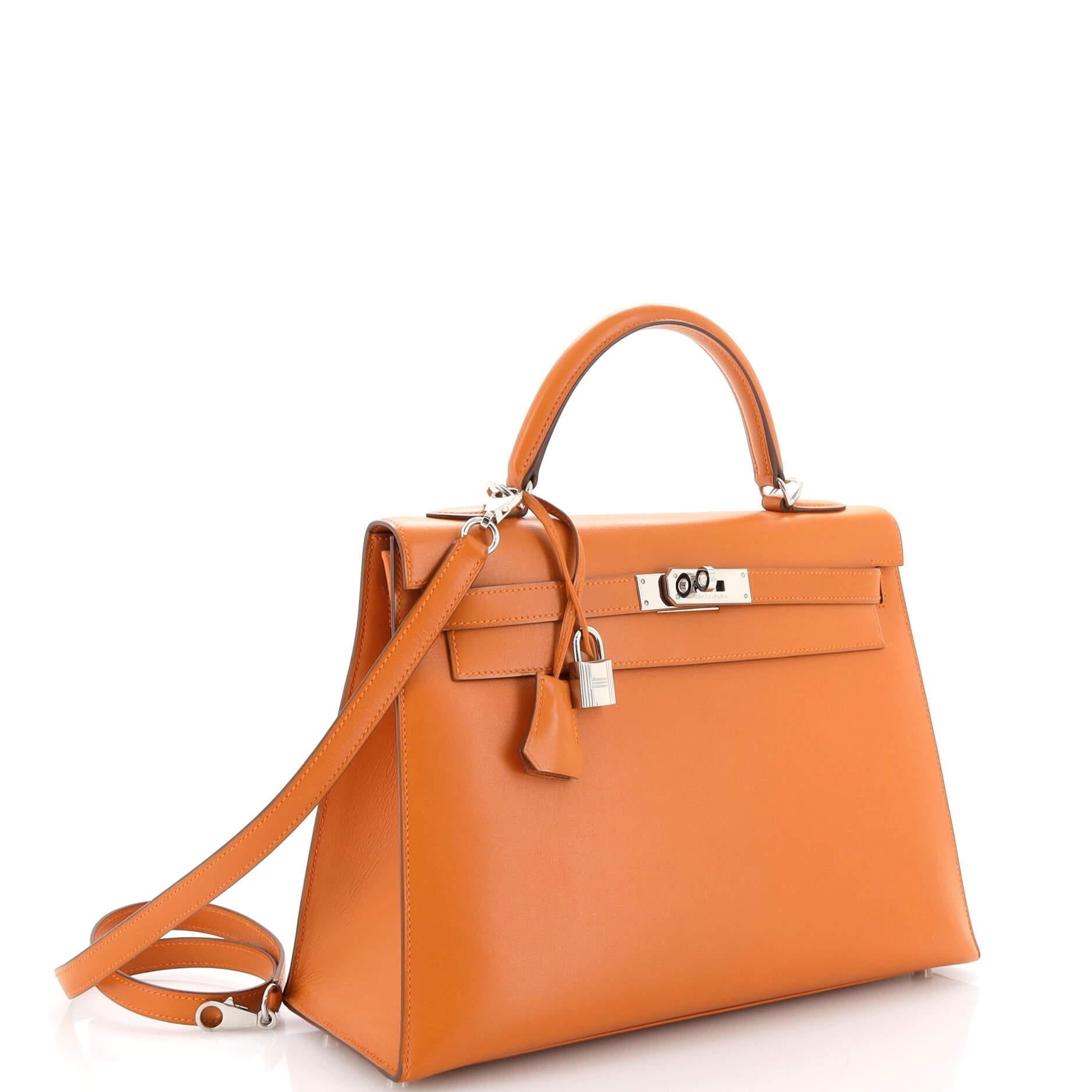 Hermes Kelly Handbag Orange H Box Calf with Palladium Hardware 32 In Good Condition For Sale In NY, NY