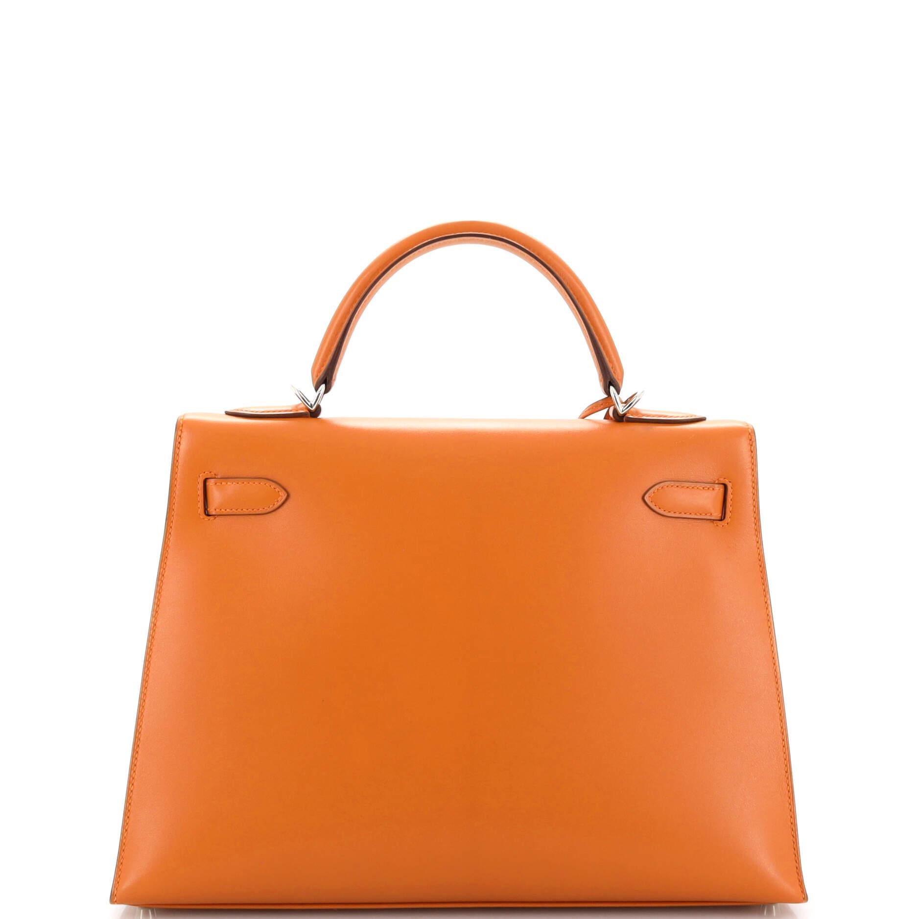 Women's or Men's Hermes Kelly Handbag Orange H Box Calf with Palladium Hardware 32 For Sale