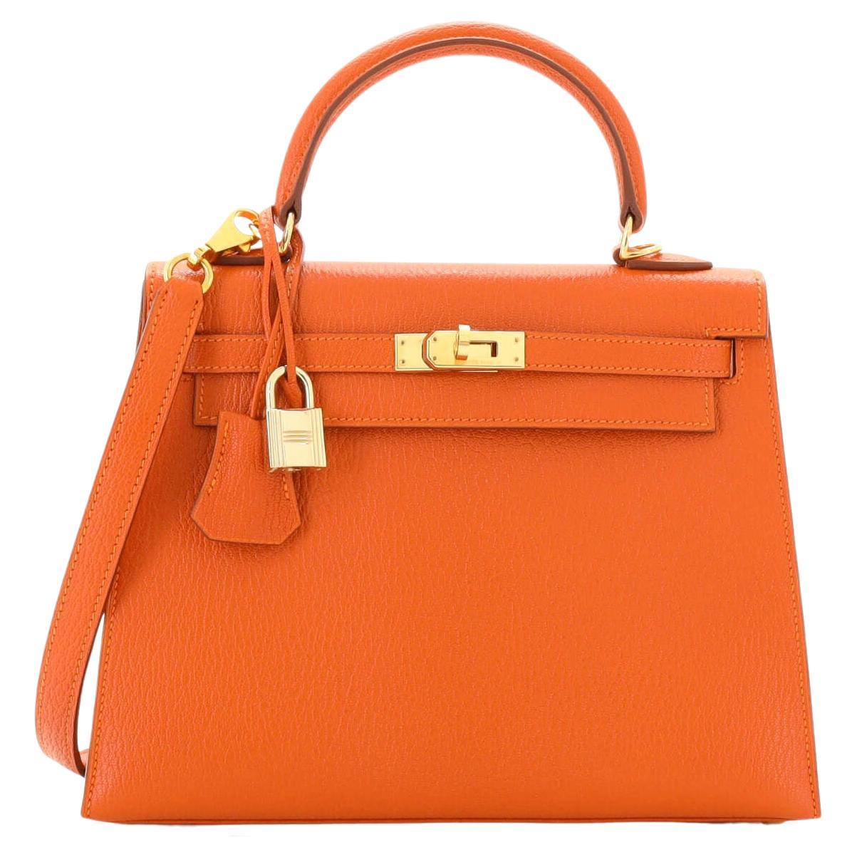 Hermes Kelly Handbag Orange H Chevre de Coromandel with Gold Hardware 25