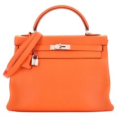 Hermes Kelly Handbag Orange H Clemence with Palladium Hardware 32