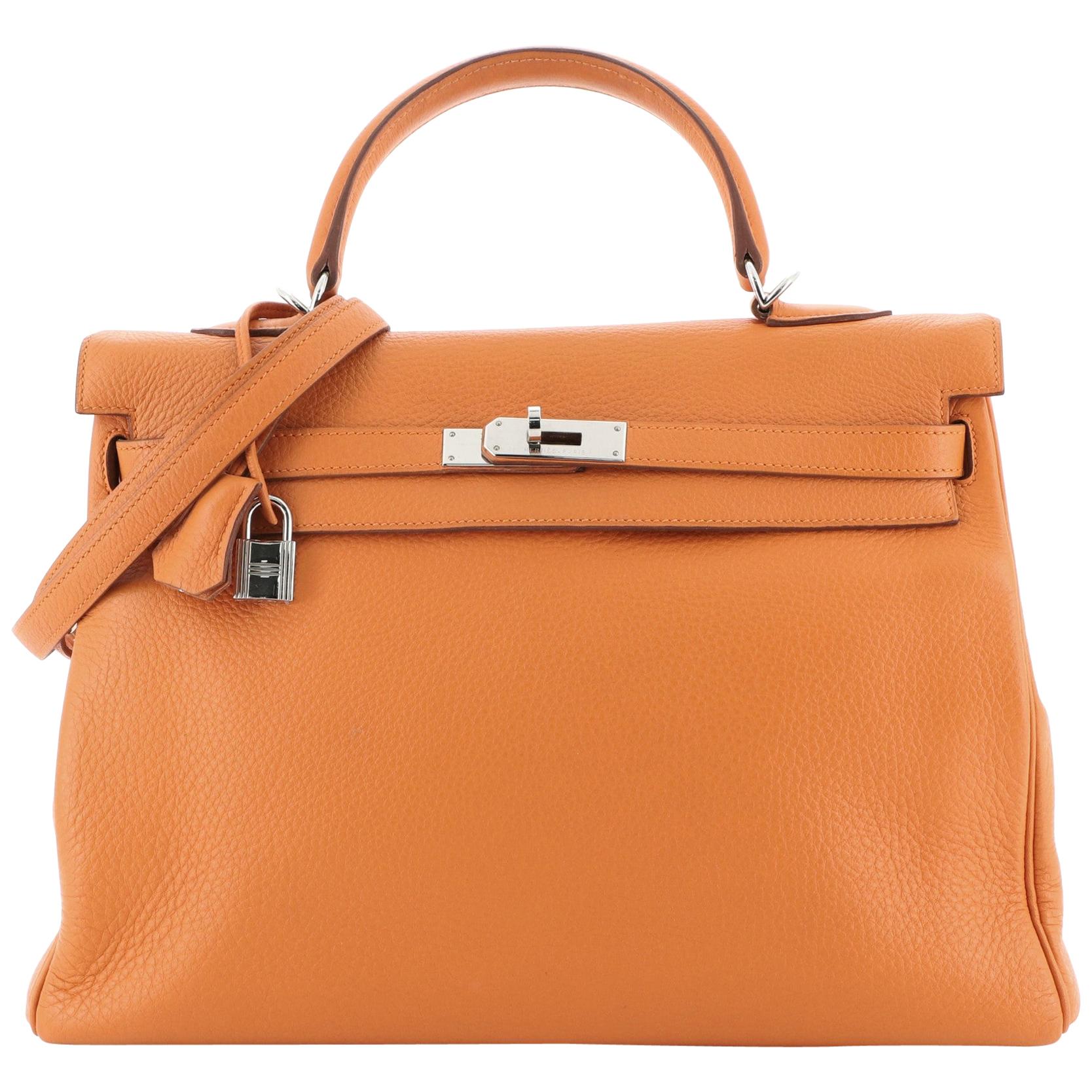 Hermes Kelly Handbag Orange H Clemence With Palladium Hardware 35 