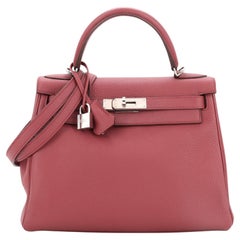 Hermes Kelly Handbag Pink Clemence with Palladium Hardware 28