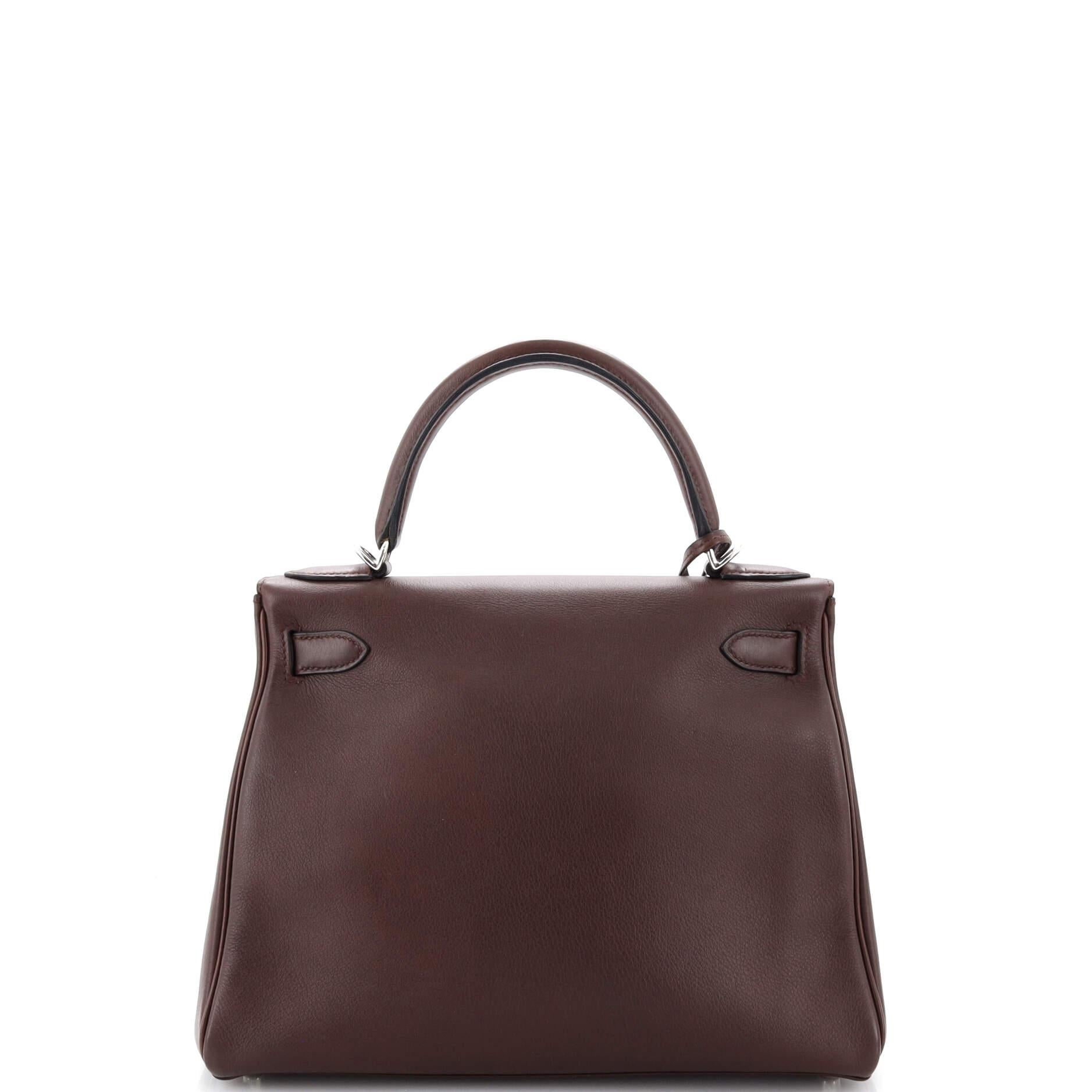 Hermes Kelly Handbag Prune Swift with Palladium Hardware 28 In Good Condition In NY, NY