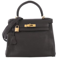 Hermes Kelly Handbag Prunoir Clemence with Gold Hardware 28