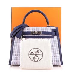 Hermes Kelly Handbag Quadrille Canvas and Bleu Saphir Swift with Palladium