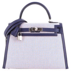 Hermes Kelly Handbag Quadrille Canvas and Bleu Saphir Swift with Palladium