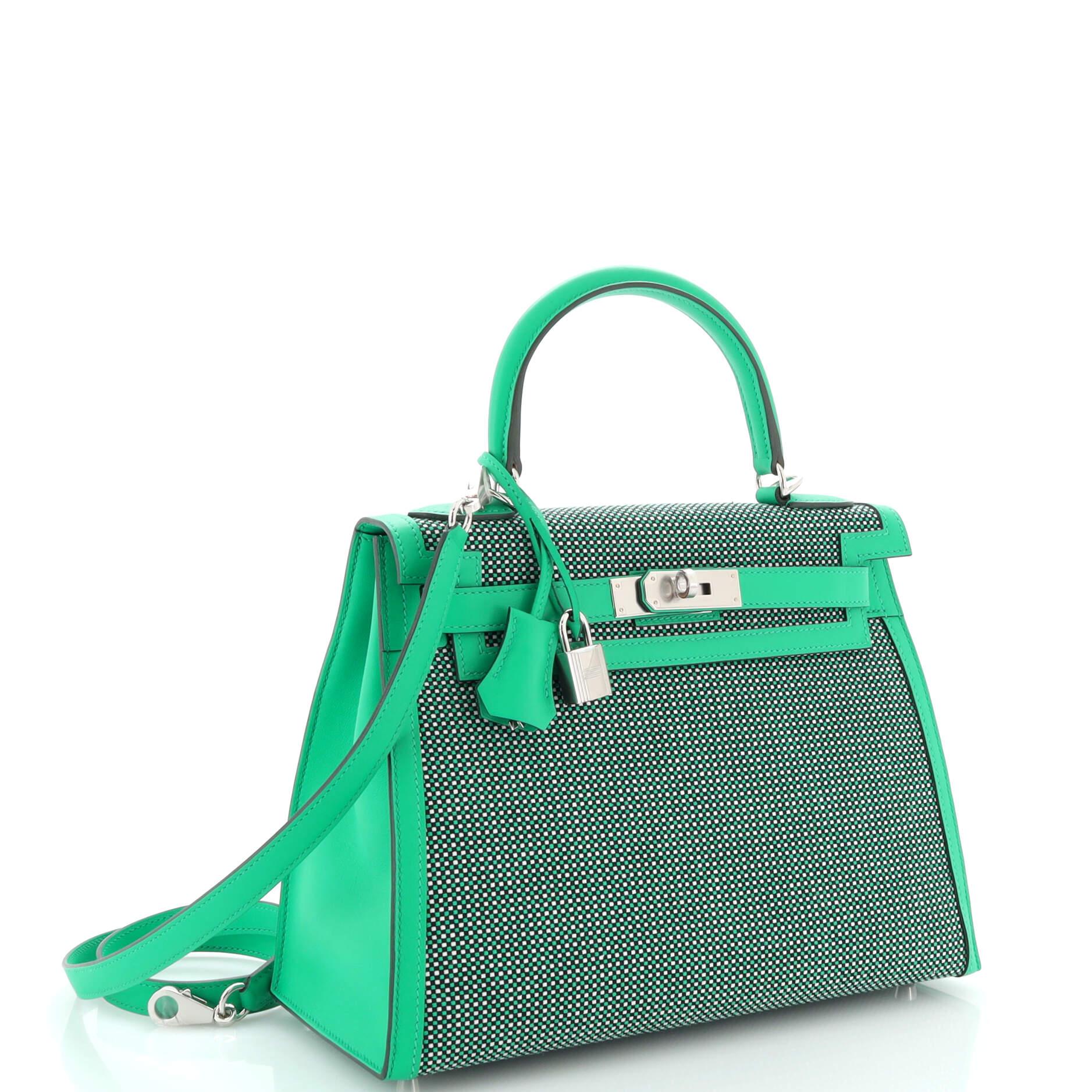 Hermes Kelly Handbag Quadrille Canvas and Menthe Swift with Palladium Hardware28 In Good Condition In NY, NY