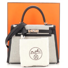 Hermes Kelly Handbag Quadrille Canvas and Noir Swift with Palladium Hardw
