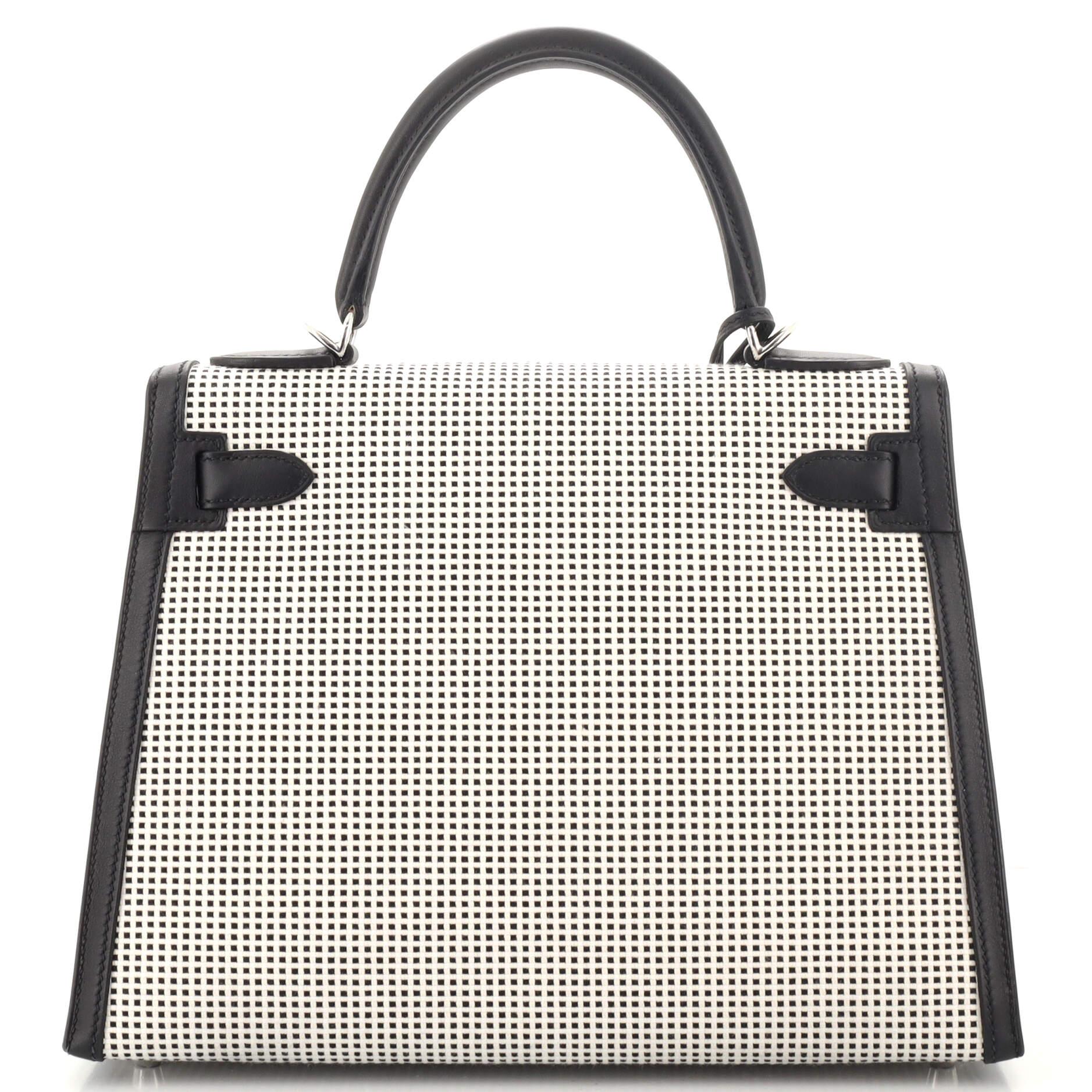 Hermes Kelly Handbag Quadrille Canvas and Noir Swift with Palladium Hardw In Good Condition In NY, NY
