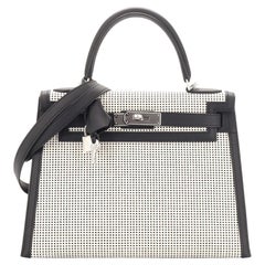 Hermes Kelly Handbag Quadrille Canvas and Noir Swift with Palladium Hardw