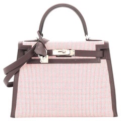 Hermes Kelly Handbag Quadrille Canvas and Rouge Sellier Swift with Pallad
