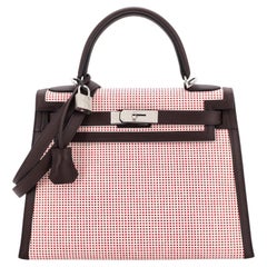 Hermes Kelly Handbag Quadrille Canvas and Rouge Sellier Swift with Palladium 