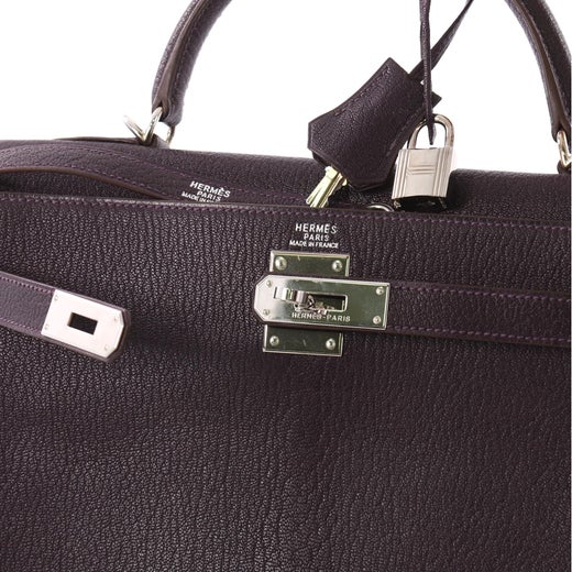 Hermes Kelly Handbag Raisin Chevre de Coromandel with Palladium Hardware 32  at 1stDibs