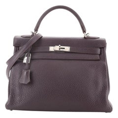 Hermes Kelly Handbag Raisin Clemence with Palladium Hardware 32