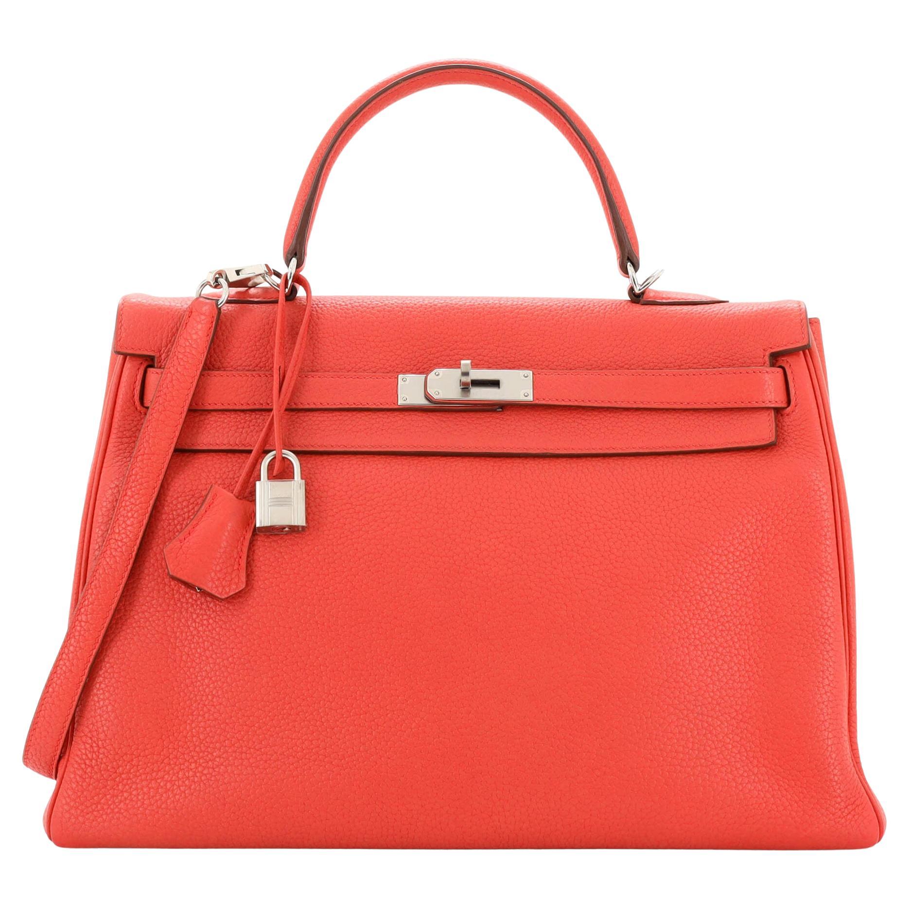 Hermes Kelly Handbag Red Clemence with Palladium Hardware 35 For Sale