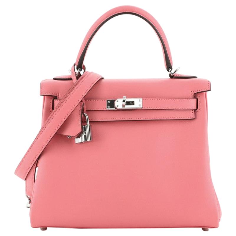 Hermes Kelly Handbag Rose Azalée Swift with Palladium Hardware 25