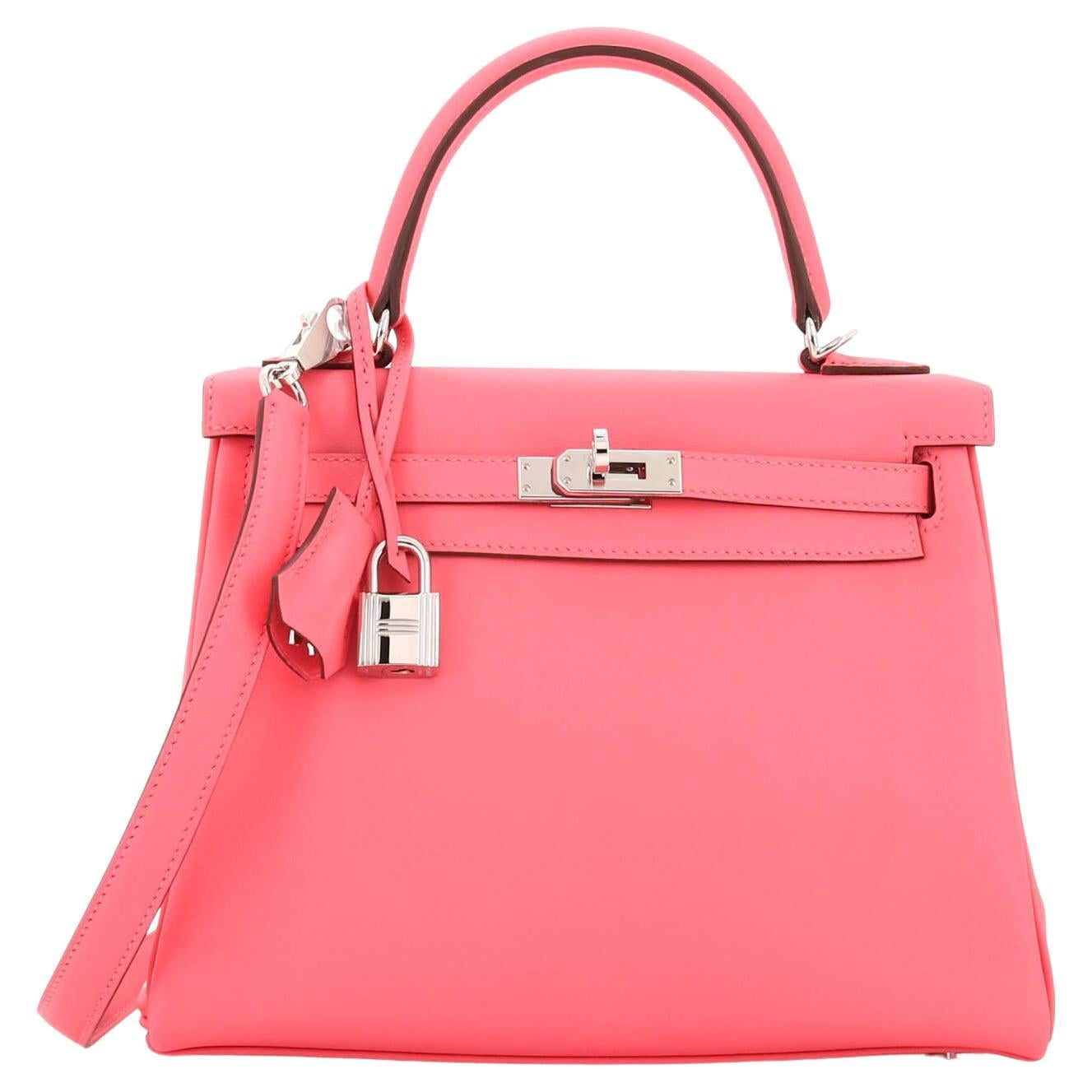 Hermes Kelly Handbag Rose Azalée Swift with Palladium Hardware 25 For Sale