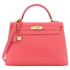 Hermes Kelly Handtasche Rose Lippenstift Tadelakt mit Gold Hardware 32