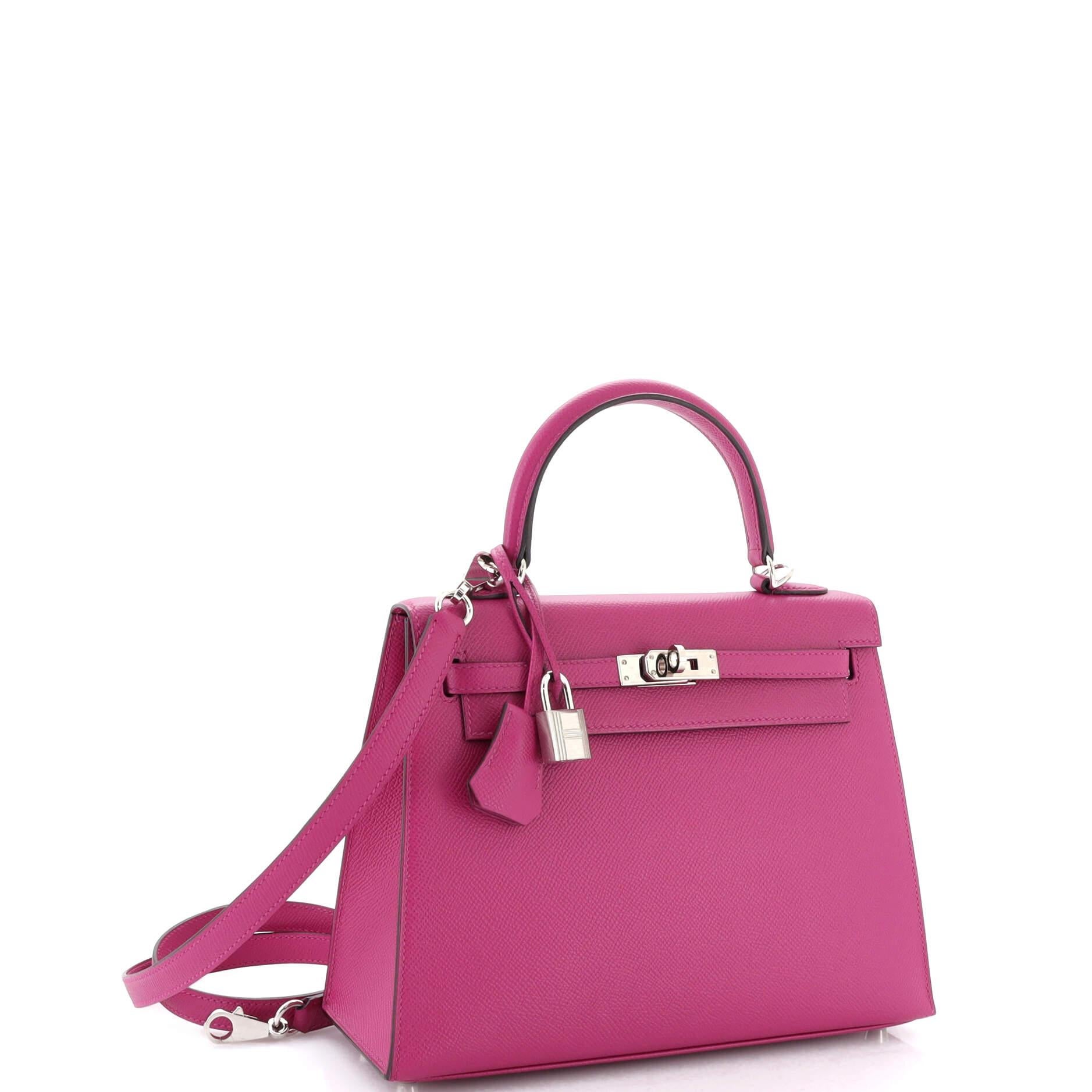 Hermes Kelly Handbag Rose Pourpre Epsom with Palladium Hardware 25 In Good Condition In NY, NY