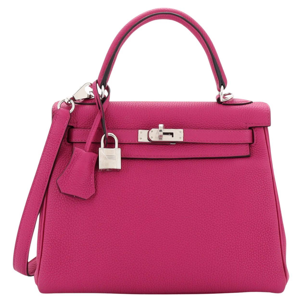 Hermes Kelly Handbag Rose Pourpre Togo with Palladium Hardware 25 For Sale