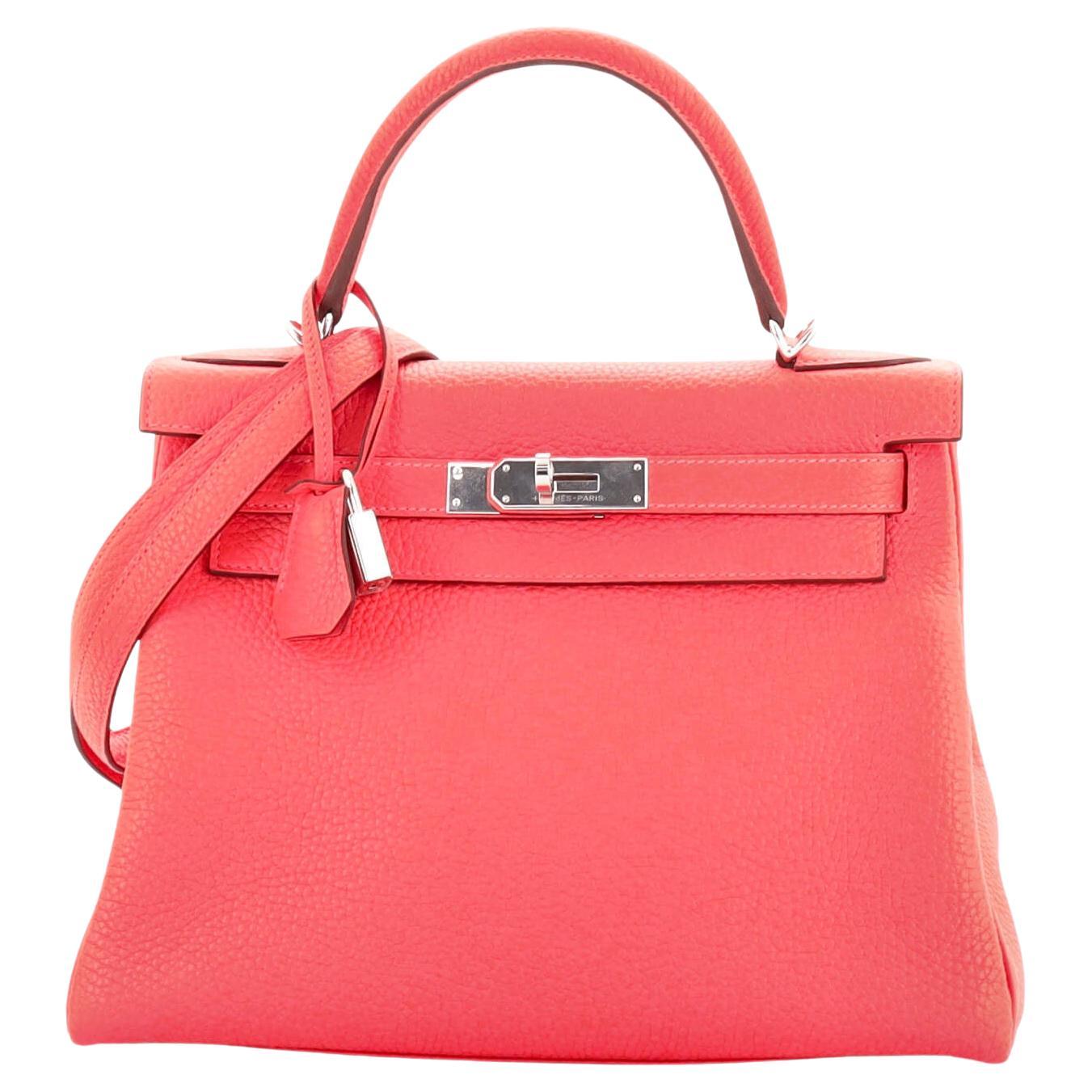 Hermes Kelly Handbag Rose Texas Clemence with Palladium Hardware 28