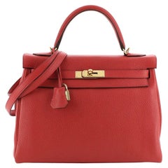 Hermes  Kelly Handbag Rouge Casaque Clemence with Gold Hardware 32