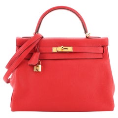 Hermes Kelly Handbag Rouge Casaque Clemence with Gold Hardware 32