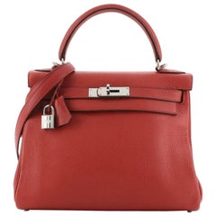 Hermes Kelly Handbag Rouge Casaque Clemence with Palladium Hardware 28