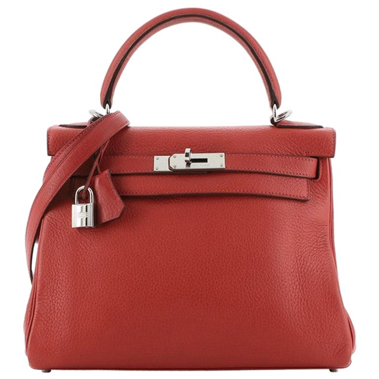 Hermes Kelly Handbag Rouge Casaque Clemence with Palladium Hardware 28