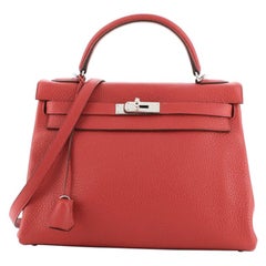 Hermes Kelly Handbag Rouge Casaque Clemence with Palladium Hardware 32