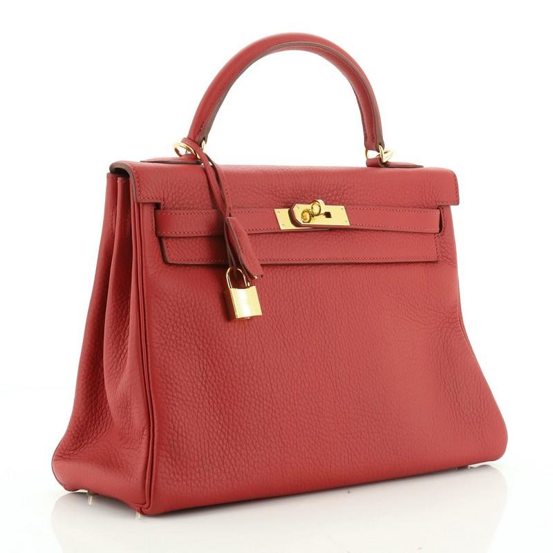 Red Hermes Kelly Handbag Rouge Garance Clemence With Gold Hardware 32 