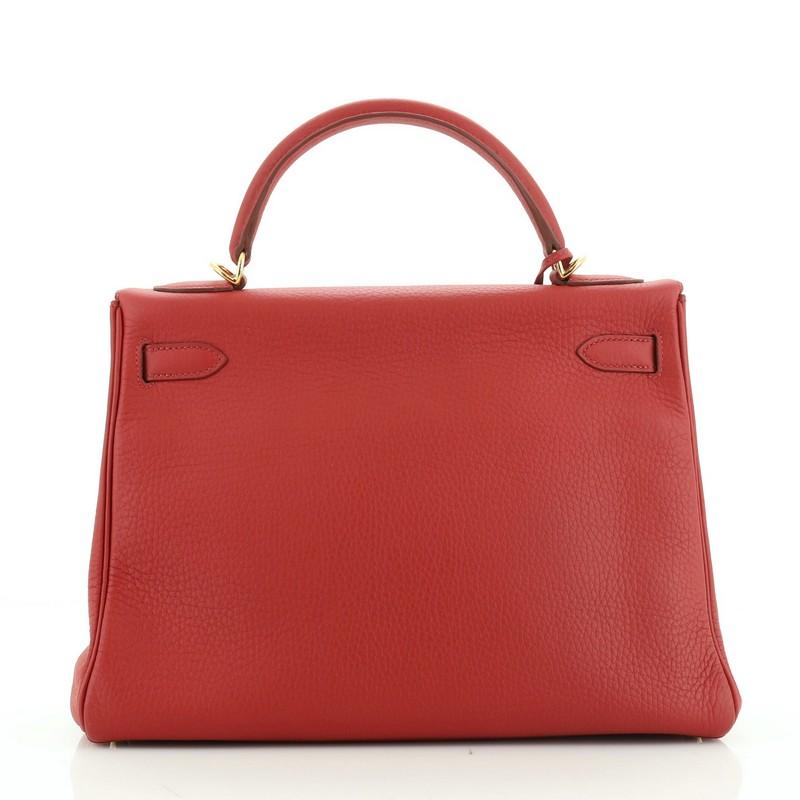 Hermes Kelly Handbag Rouge Garance Clemence With Gold Hardware 32  In Good Condition In NY, NY