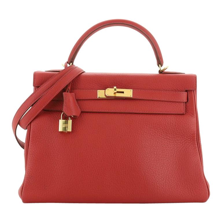 Hermes Kelly Handbag Rouge Garance Clemence With Gold Hardware 32 
