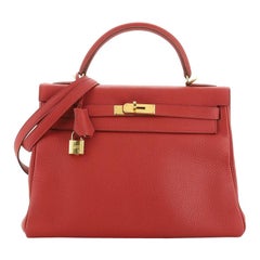 Hermes Kelly Handbag Rouge Garance Clemence With Gold Hardware 32