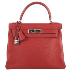 Hermes Kelly Handbag Rouge Garance Clemence with Palladium Hardware 28