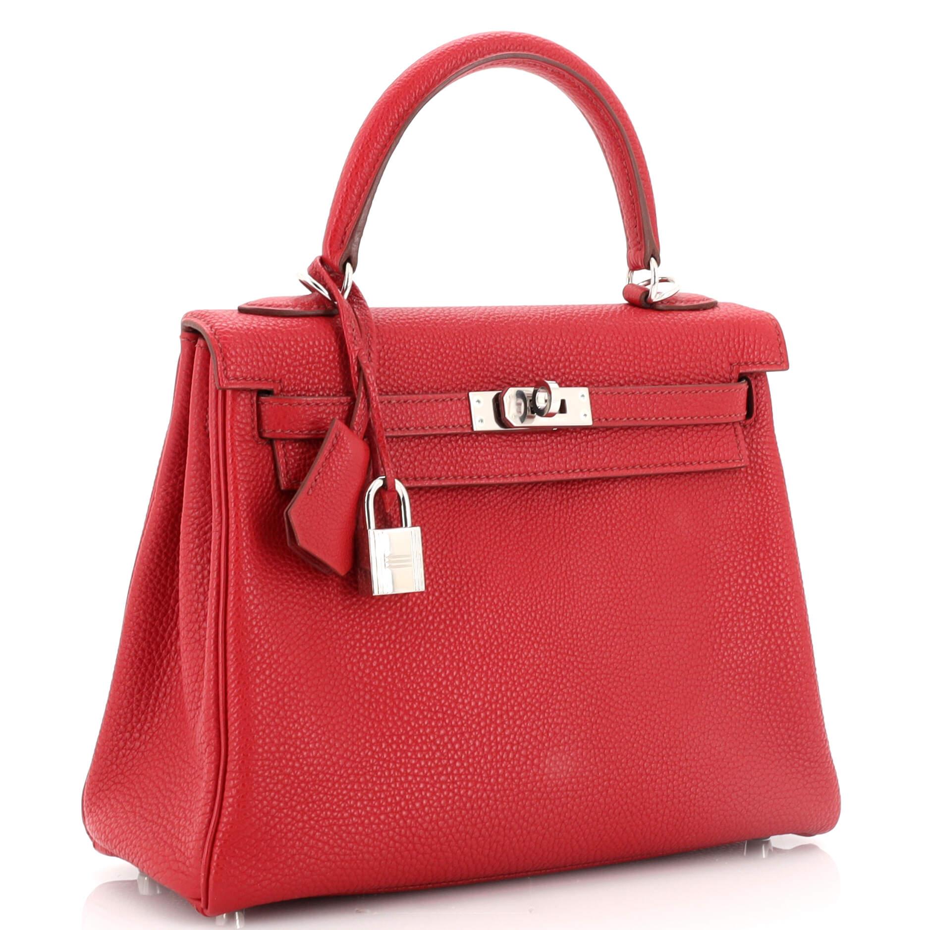 Hermes Kelly Handbag Rouge Garance Togo with Palladium Hardware 25 In Good Condition In NY, NY