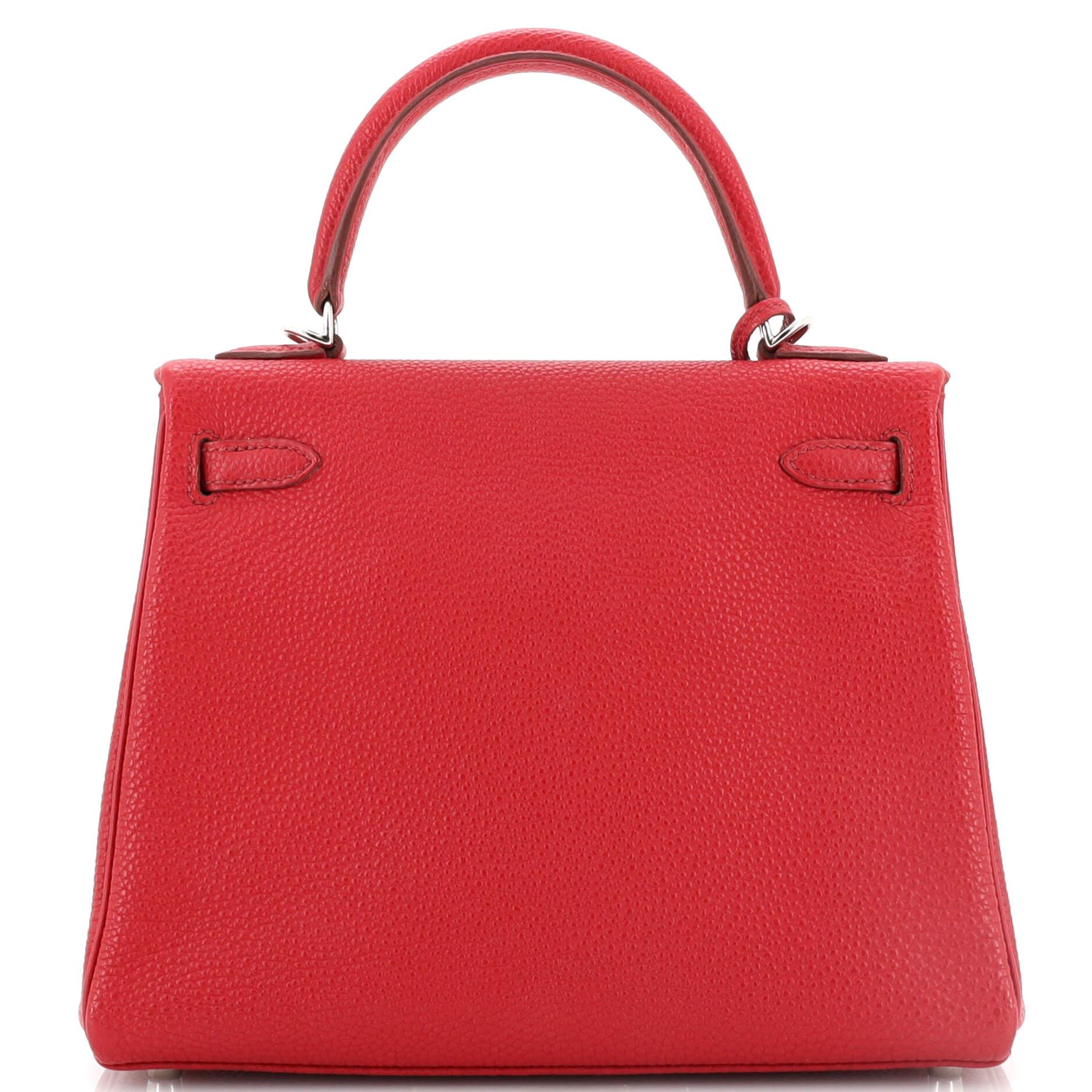 Women's or Men's Hermes Kelly Handbag Rouge Garance Togo with Palladium Hardware 25
