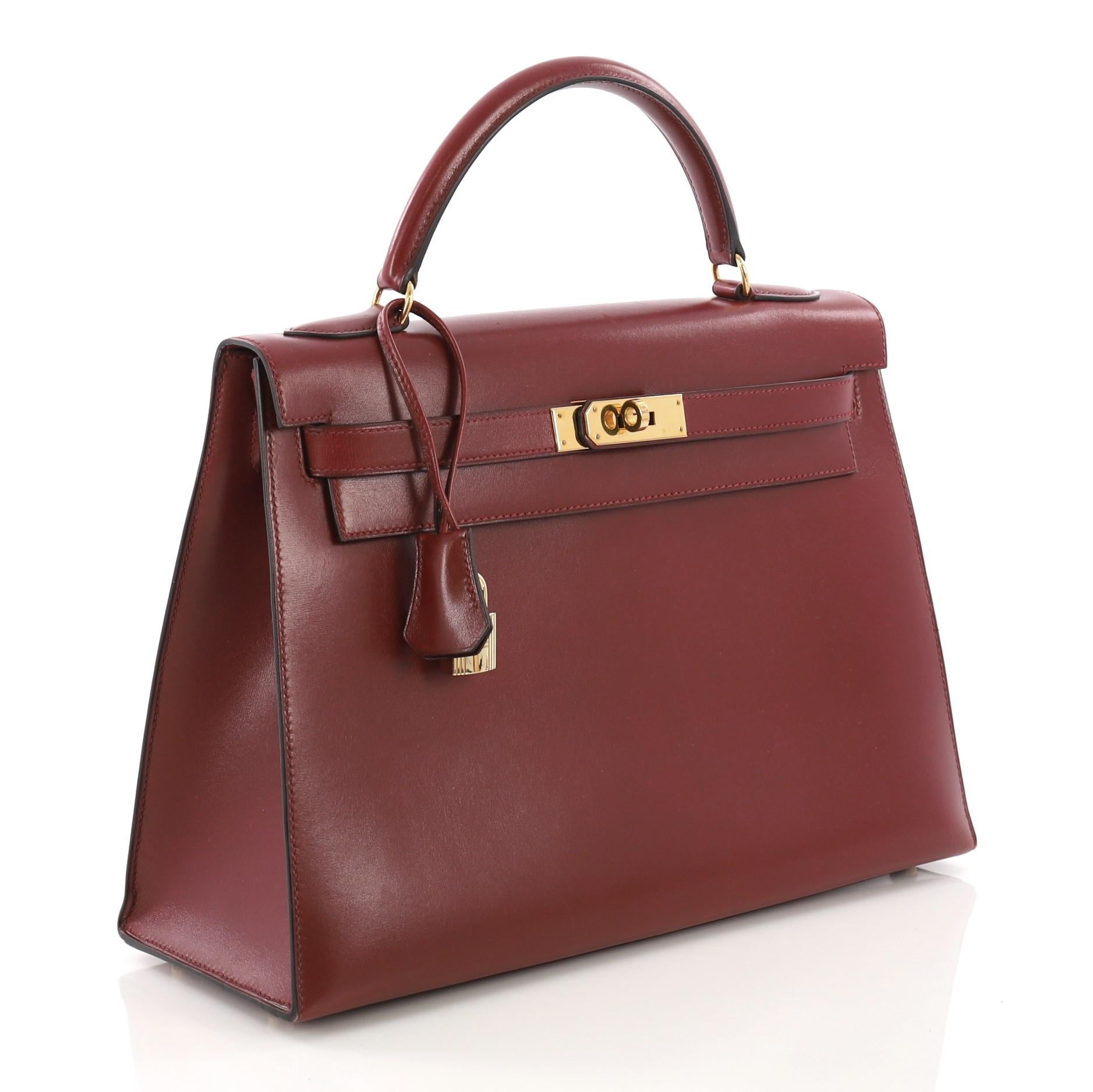 Brown  Hermes Kelly Handbag Rouge H Box Calf with Gold Hardware 32