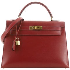 Hermes Kelly Handbag Rouge H Box Calf with Gold Hardware 32