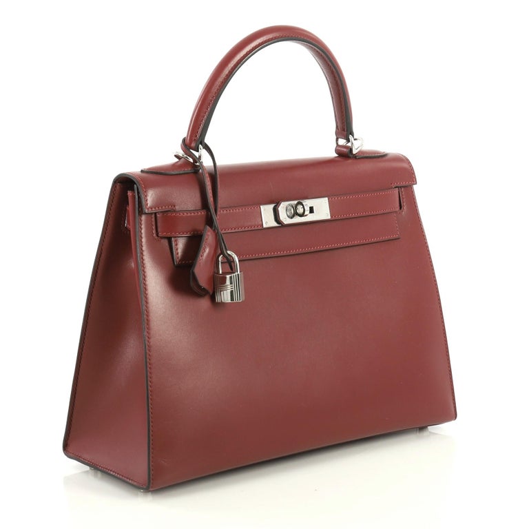 Hermes Kelly Handbag Rouge H Box Calf with Palladium Hardware 28