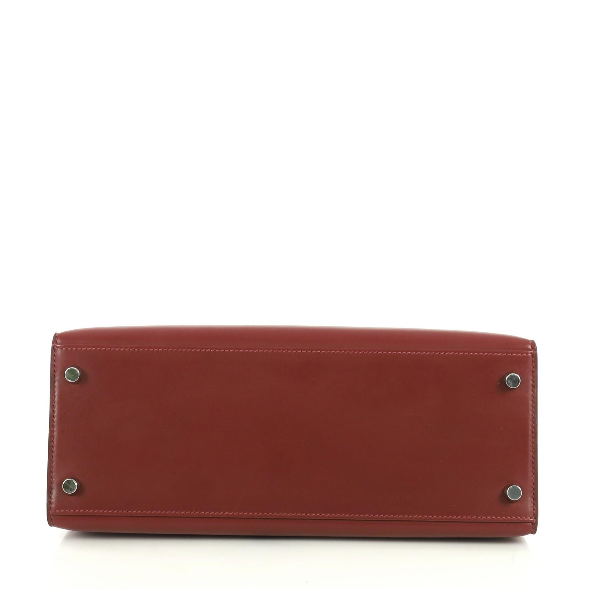 Brown Hermes Kelly Handbag Rouge H Box Calf with Palladium Hardware 28