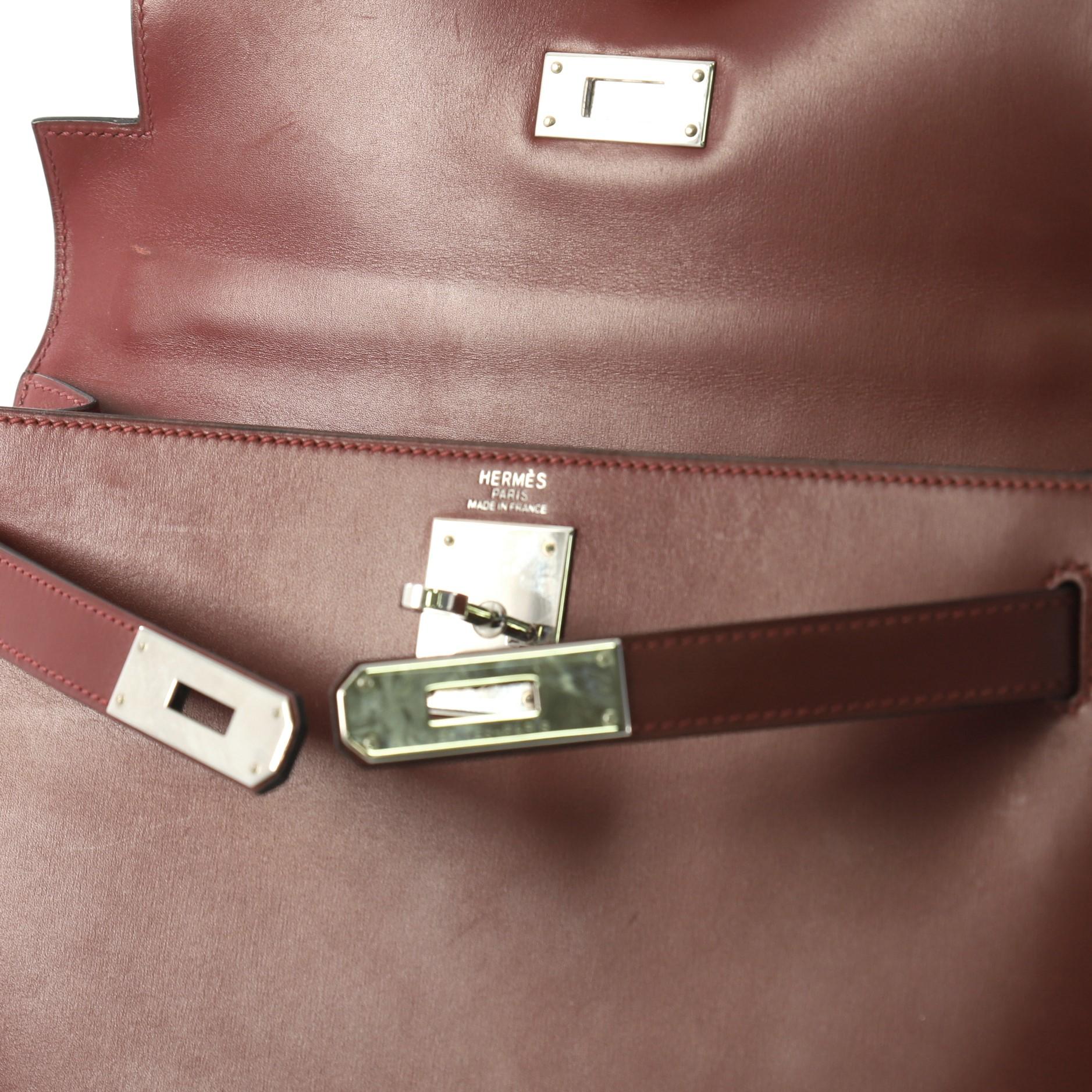 Women's Hermes Kelly Handbag Rouge H Box Calf with Palladium Hardware 28